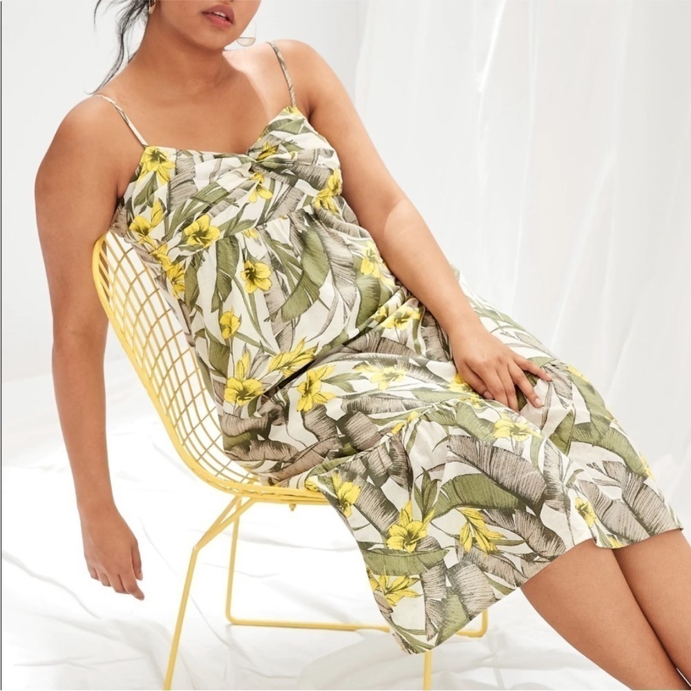 Banana Republic Factory Front Knot Botanical Linen Blend Midi Dress